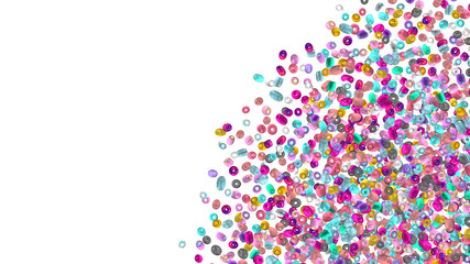 Beads background. Fashion accessory. Handmade craft. Glass beads top view. Sequins. Heap of gems. Rhinestones wallpaper. Realistic illustration. 3d rendering. Jewelry making.