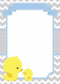 baby shower invitation with cute duck mom and baby ducky on chevron pattern and polka dots background