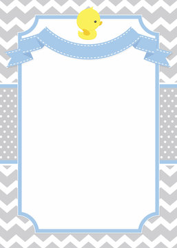 cute baby shower card or invitation with little baby rubber duck on chevron pattern and polka dots background