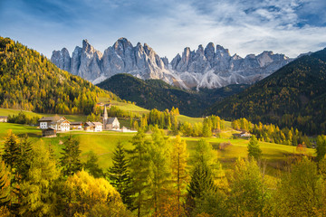 Val di Funes in the Dolomites at sunset, South Tyrol. Italy - obrazy, fototapety, plakaty