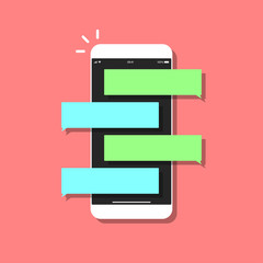 Mobile phone chat message concept isolated on red color background.