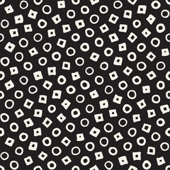 Hand drawn black and white ink abstract seamless pattern. Vector stylish grunge texture. Geometric scattered shapes paint brush lines