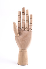 the gesture with a jointed wooden hand