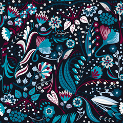 Floral seamless pattern. Hand drawn creative flowers. Colorful artistic background with blossom. Abstract herb. It can be used for wallpaper, textiles, wrapping, card. Vector illustration, eps10