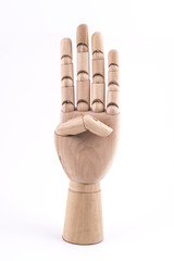 the gesture with a jointed wooden hand