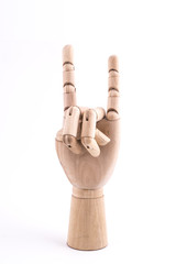 the gesture with a jointed wooden hand