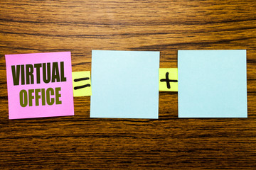 Writing text showing Virtual Office. Business concept for Online Way Of Working written on sticky note paper on wooden background. Equation mathematical with plus sign for your space