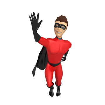 A young white man in superhero costume with raised hand. 3d illustration