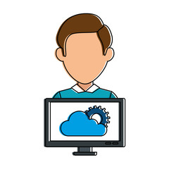 computer display with cloud computing and user vector illustration design