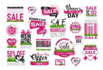 Big Set Of Sale Stickers For International Womens Day Special Offer Signs Template Badges Promotion Isolated Vector Illustration