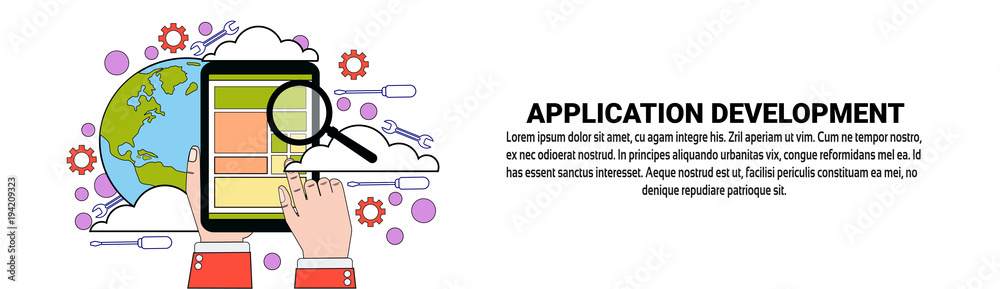 Wall mural application development web design concept horizontal banner with copy space flat vector illustratio