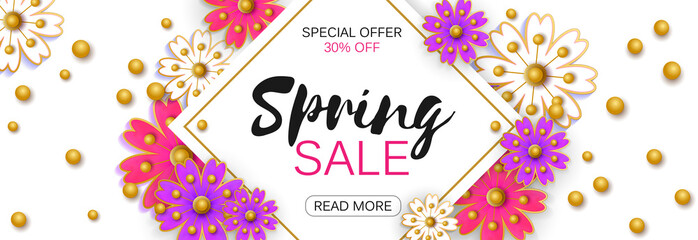 Spring sale background banner with beautiful colorful flower. Vector illustration.