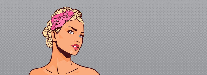 Attractive Blonde Woman Looking Up Portrait Of Beautiful Girl On Pinup Retro Horizontal Banner With Copy Space Vector Illustration
