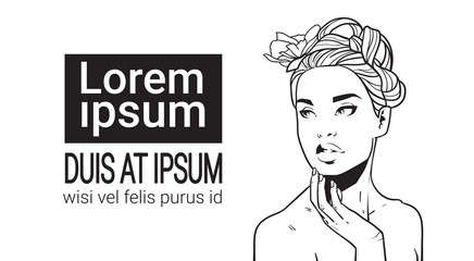 Attractive Woman Face, Hand Drawn Sensual Girl With Elegant Hairstyle Holding Hand On Chin Sketch Female Portrait Over Copy Space Vector Illustration