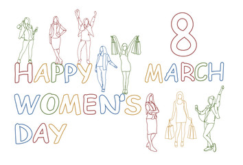 Happy Women Day Concept 8 March Doodle Silhouette Girls Group Holding Gift Boxes And Shopping Bags Vector Illustration