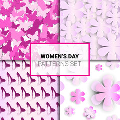 Set Of Pink Backgrounds Seamless Patterns For Womens Day Holiday Beautiful Flower Ornaments Collection Vector Illustration