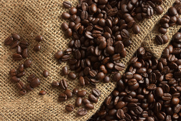 Coffee Beans and Burlap Sack Close Up