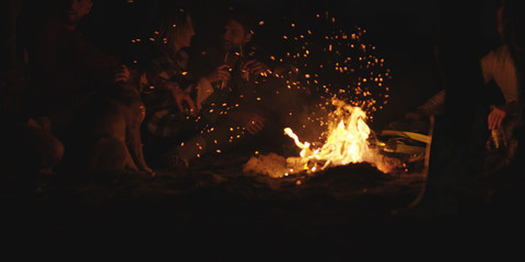 Couple enjoying with friends at night on the beach