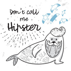 Black and white hipster postcard with cartoon bearded walrus with tattoos. Vector illustration