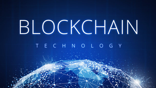 Blockchain technology on futuristic hud background with glowing polygon world globe and blockchain peer to peer network. Global cryptocurrency blockchain business banner concept.