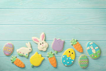 Easter cookies on blue table