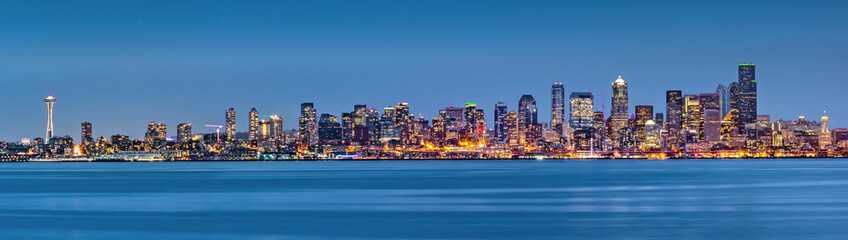 Seattle skyline panorama at dusk, viewed from Seacrest Park