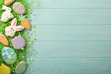 Easter cookies on blue table