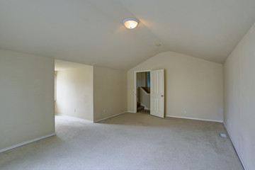 Empty upstairs room with vaulted ceiling.