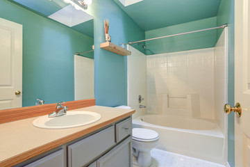 Fototapeta na wymiar Bright green blue Bathroom with white tub and shower combo.