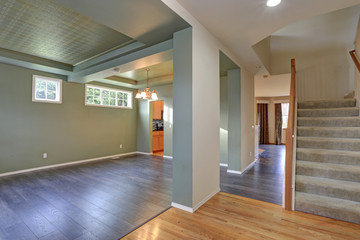 Spacious empty interior with dark grey hardwood floor