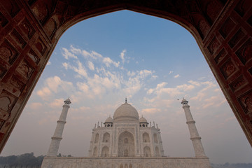 Taj Mahal framed within archway door 