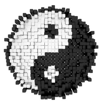 Yin Yang symbol consisting of blocks, 3d rendered model