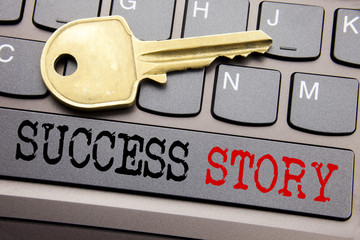 Hand writing text caption inspiration showing Success Story. Business concept for Inspiration Motivation written on keyboard key on the with key next to the text.