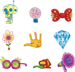 A collection of funky cartoon icons featuring a robot skull, plasma globe, bow tie, flower, hand palm, diamond, glasses, a baseball cap and a bullhorn.