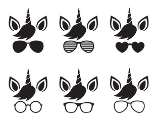 Cute unicorn wearing glasses and sunglasses face silhouette vector illustration.