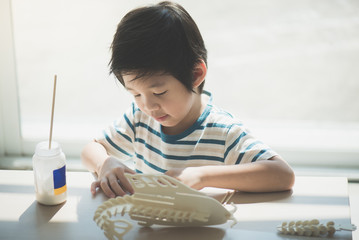Asian child  builds a toy of wood