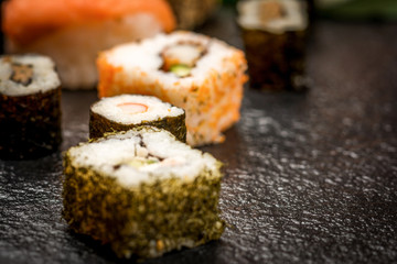 Sushi rolls hosomaki and uramaki