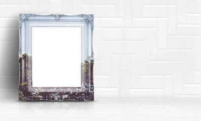 Nature view double exposure with vintage frame at white clean marble wall and floor background,Minimal simple style interior backdrop.Mock up for display of product or content.