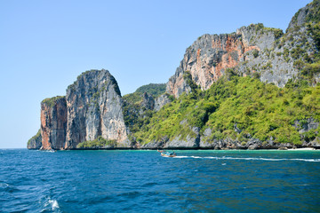 The island of Phi Phi.Island view from a boat on the sea background.Thailand