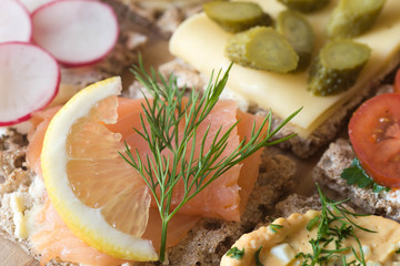 healthy small open sandwiches  cheese selective focus macro