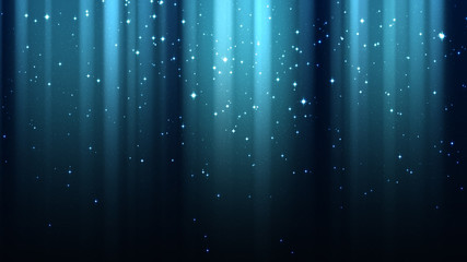 Dark blue background with rays of light, sparkles, night shining starry sky