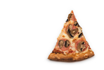 Slice of pizza with mushrooms on white background