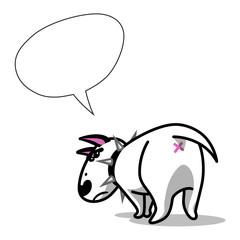 Cute vector cartoon dog. Angry white Bull Terrier with blank speech bubble.