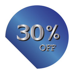 30% OFF Discount Price Tag, Gradient Blue tag with silver text,  Isolated Vector