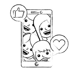 smartphone with community and emoticons vector illustration design