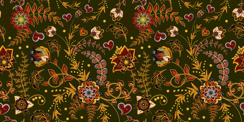 Seamless floral pattern. Hand draw vector Illustration. Seamless background with flowers. Bright colorful flowers on green backdrop.