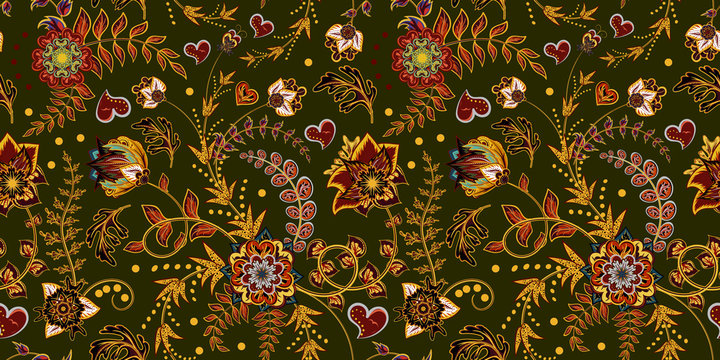 Seamless floral pattern. Hand draw vector Illustration. Seamless background with flowers. Bright colorful flowers on green backdrop.