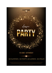 Dance party flyer template. Golden words, spot lights and glitter on dark brown background.