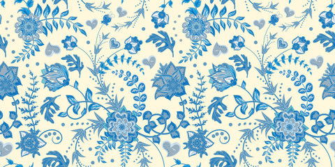 Seamless floral pattern. Hand draw vector Illustration. Seamless background with flowers. Blue on white.