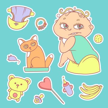 Vector Set Color Sketch Illustrations Stickers Child Sitting On Pot And Kitten In The Cat Litter. Baby Bottle With Water Or Milk, Other Care And Food. Flat Chubby Curly Kid With Big Eyes And Red Cat